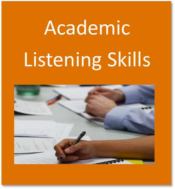 Academic listening skills button containing students taking notes